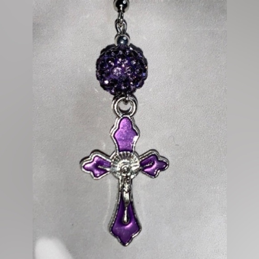 Nickel Free Drop Dangling Purple Cross Pendant with Rhinestone Bead Earrings